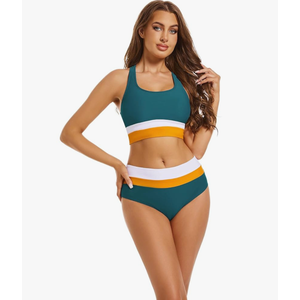 Subriank 2 Piece Swimsuit for Women 2024 High-Waisted Color Block Bathing Suits Modest Sporty Bikinis Set (Teal, XL)