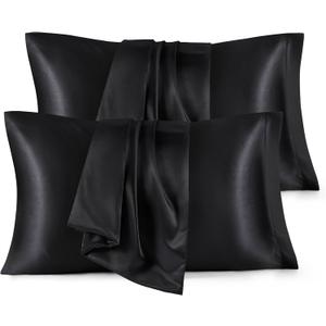 Bedsure Satin Pillowcases Standard Set of 4 - Black Silk Pillow Cases for Hair and Skin 20x26 Inches, Satin Pillow Covers 4 Pack with Envelope Closure, Gifts for Women Men