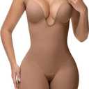 SHAPSHE Backless Shapewear Strapless Deep U Plunge Bodysuit for Women Built In Bra Tummy Control Low Back Body Shaper (XL, Coffee)