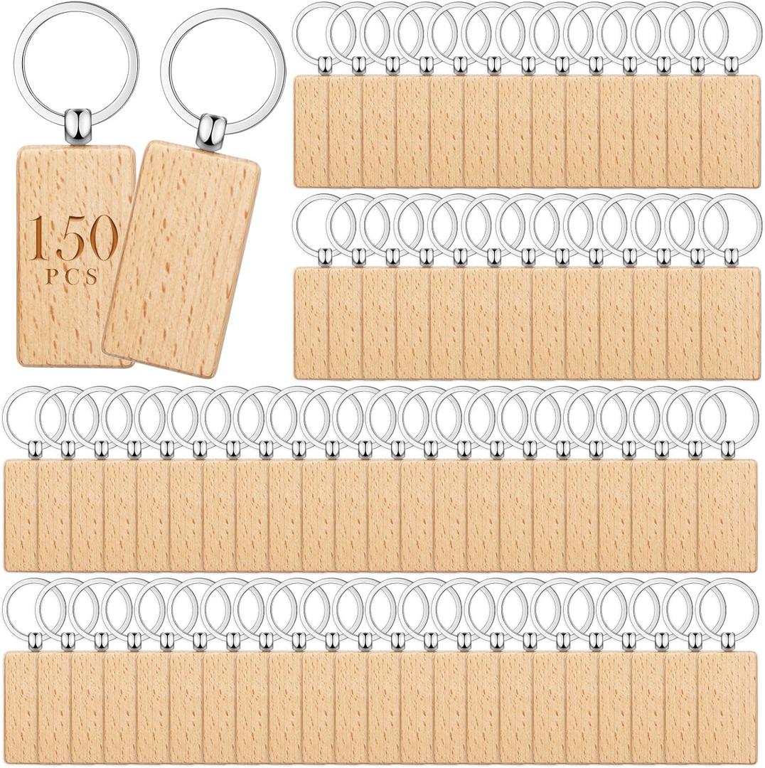Yinkin 150 Pcs Wooden Keychain Blanks Wood Key Chains Bulk Laser Engraving Rectangle Keychain Blanks Unfinished Wooden Key Ring Key Tag for DIY Gift Crafts