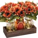 3 Pcs Fall Mason Jar Centerpiece Table Decorations for Dining Table Decor Farmhouse Coffee Table Decor with Wood Tray and Led Light Table Centerpieces for Dining Room Kitchen Living,Orange