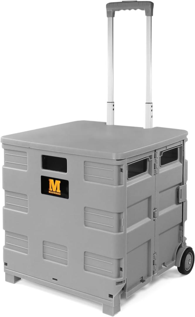 MaxWorks Collapsible Rolling Utility Cart with Lid 80 lb Capacity Folding Dolly with Telescoping Handle Heavy Duty Plastic Crate on Wheels for Shopping Office and Teachers (50876) (Gray)