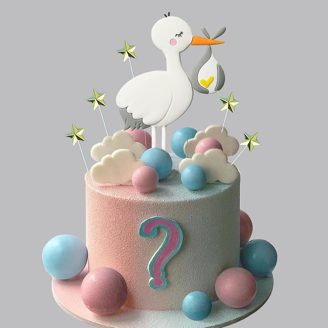 34 PCS Gender Reveal Stork Cake Toppers Balls Cake Decorations with Stars Clouds for Boy Girl Baby Shower Birthday Party Supplies (Gender Reveal)