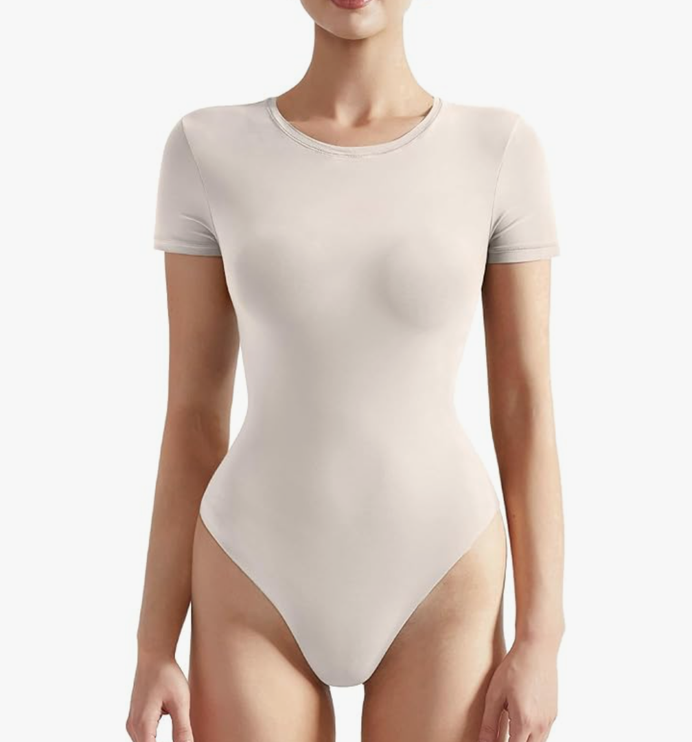 Women Crew Neck Short Sleeve Thong Bodysuit Shirts Basic Top
M