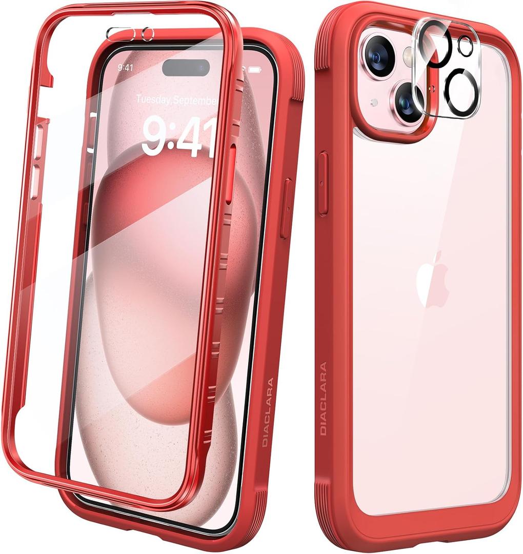 Diaclara Designed for iPhone 15 Case, Full Body Rugged Case with Built-in Touch Sensitive Anti-Scratch Screen Protector, with Camera Lens Protector for iPhone 15 6.1" (Red)