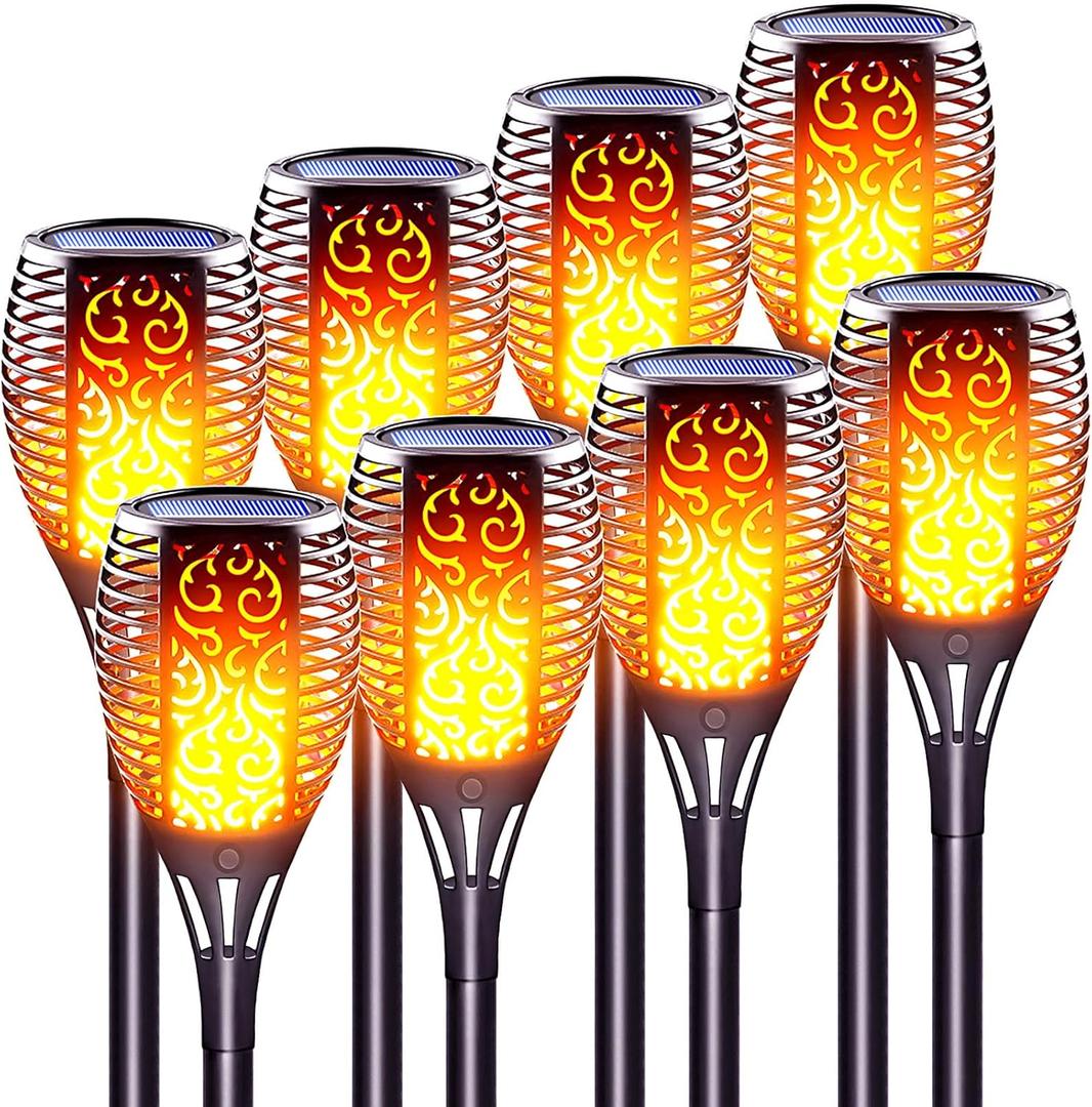 Large Size Solar Torch Light with Flickering Flame, Fire Effect Garden Lights Outdoor, IP65 Waterproof Tiki Torches for Pathway Yard Decor, Auto On/Off - Landscape Lighting (8 Pack)
