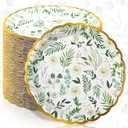 Fuyoooo 60 Pcs Eucalyptus Paper Plates 7 Inch Baby Showers Green Leaves White Flowers Dessert Disposable Dinner Summer Party Plates for Weddings Gender Reveal Afternoon Tea