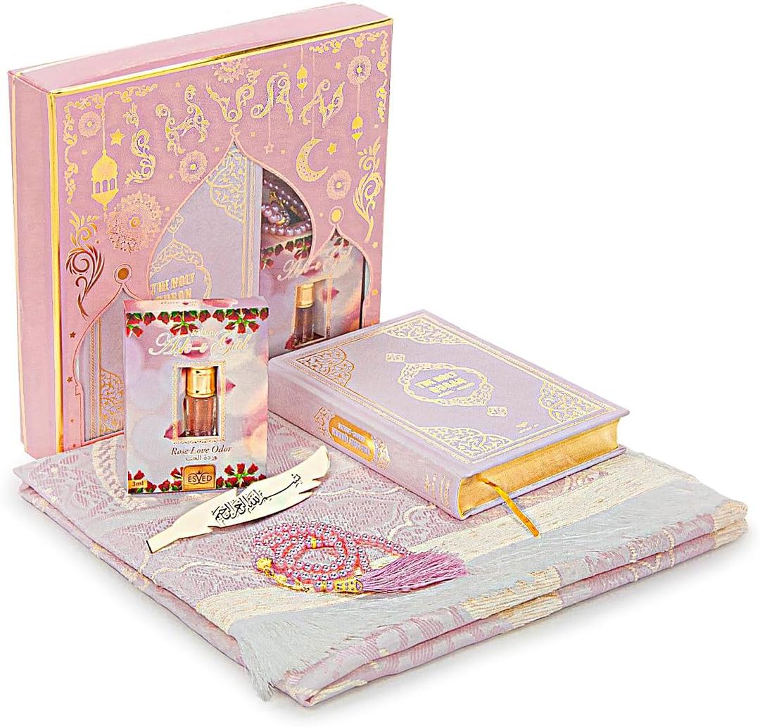 Ihvan Online Prayer Gift Set for Hajj and Umrah, Muslim Prayer Rug, Prayer Mat, Beads Taasbih, Holy Quran Translated English, Muslim Praying Mat, Islamic Gift Set for Ramadan & Eid, Pink