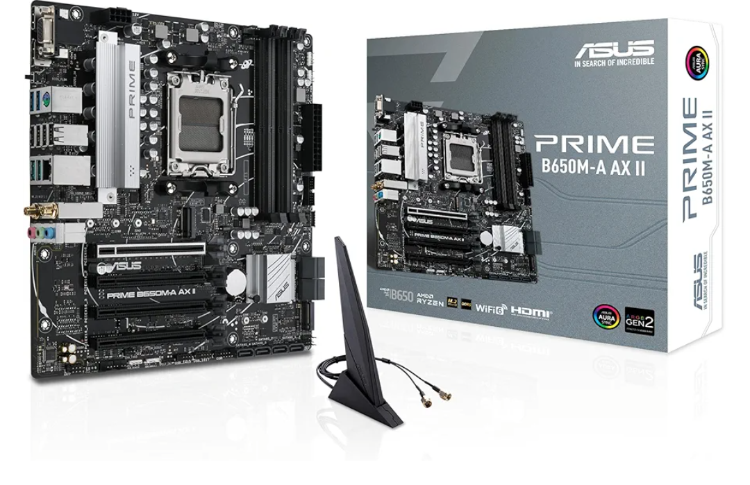 ASUS Prime B650M-A AX II AMD B650 AM5 Ryzen™ Desktop 9000 8000 & 7000 Micro-ATX mATX Motherboard, DDR5, PCIe 5.0 M.2, 2.5Gb LAN, Wi-Fi 6, DisplayPort, HDMI®, USB 3.2, USB 3.2 Type-C®, BIOS Flashback™