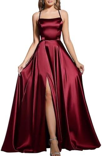 MisShow Women's Satin Bridesmaid Dress with Slit Spaghetti Straps A-line Formal Prom Gown Evening Party Dress Size M