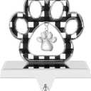 Dog Paw Christmas Stocking Holder, 3D Silver Metal Stocking Holder with Pendant Black Buffalo Plaid Pet Stocking Hangers for Mantle Fireplace Table Christmas Decoration (Black and White)