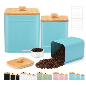 Tioncy Kitchen Canisters for Countertop Set of 3 Metal Canisters Sets with Bamboo Lids Spoon Airtight High Capacity Coffee Tea Sugar Flour Jars with DIY Labels Farmhouse Food Storage(Turquoise,L,M,S)