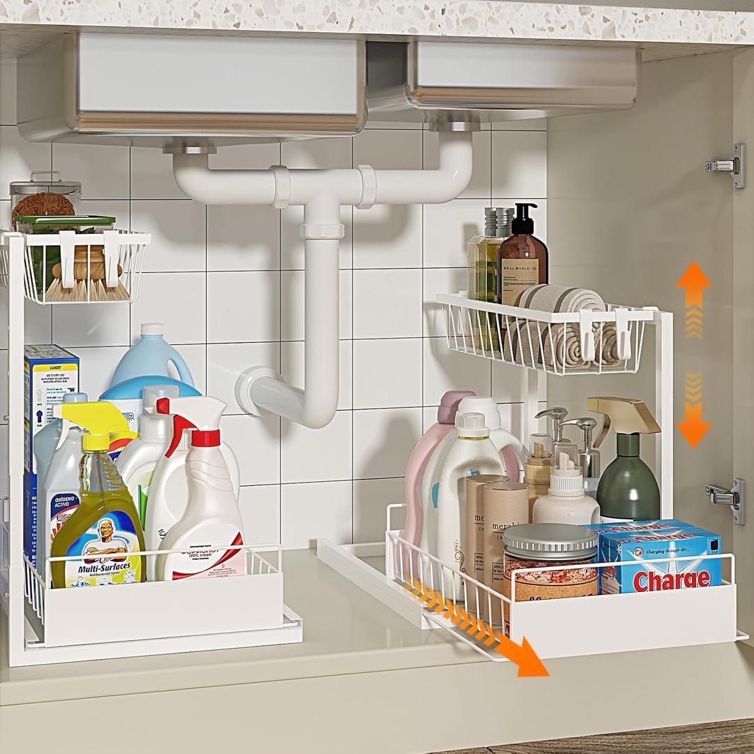 REALINN Under Sink Organizer, Height Adjustable Pull Out Cabinet Organizer, 2 Tier Under Sink Organizers and Storage for Kitchen Bathroom Laundry, White, 2 Pack