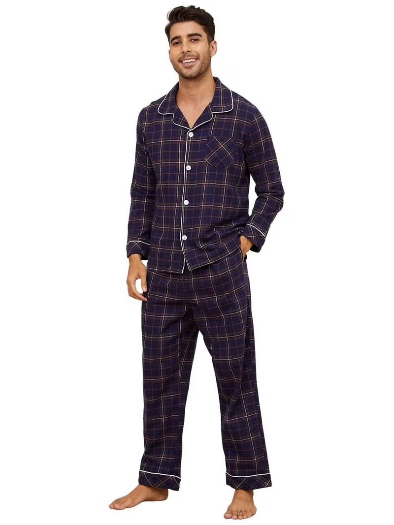 Vulcanodon Men's 100% Cotton Flannel Pajama Sets, Soft Plaid PJS Long Sleeve Sleepwear 2 Piece Button Down Lounge Set（Navy-Brown Plaid,Large）