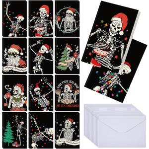 24 Pack Skeleton Christmas Cards + Envelopes, Spooky Gothic Christmas Cards Bulk 4 x 6 Inches Skeleton Greeting Holiday Retro Goth Xmas Card with Seal Stickers, 12 Styles (Wacky)