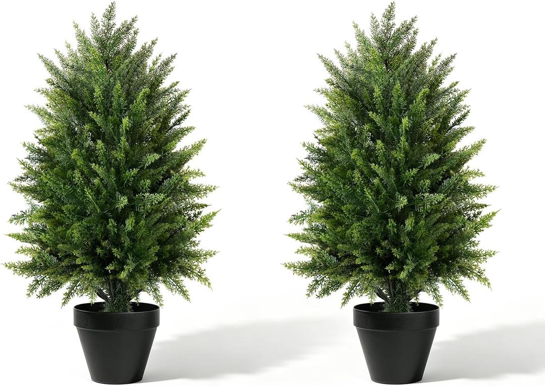  4FT Artificial Cedar Topiary Trees (2 Pack) - UV Resistant Fake Evergreen Shrubs with Extra Dense Foliage, Realistic Potted Faux Plants for Front Porch & Garden Decor