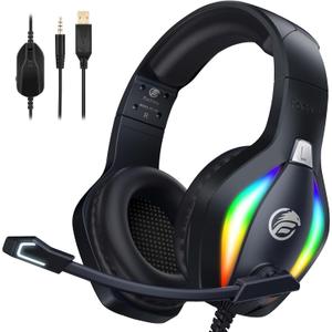 FC100 Gaming Headset with Microphone for PS4, PS5, Switch, Xbox, PC, Mac, Gamer Headset with RGB Light, Computer Headphones with Mic (One Size, BLACK)