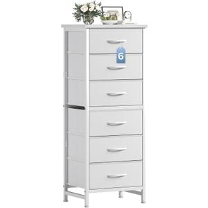 DUMOS 6 Drawers Dresser for Bedroom with Wheels, Fabric Storage Cabinet Organizer with Removable Fabric Bins, Sturdy Steel Frame for Living Room, Office, Entryway, Closets, White