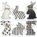 Bememo 6 Pcs Easter Bunny Table Decor Black and White Bunny Decor Spring Wooden Rabbit Signs Rustic Rabbit Ornament with Ropes for Farmhouse Party Easter Gifts Home Tiered Tray Decorations