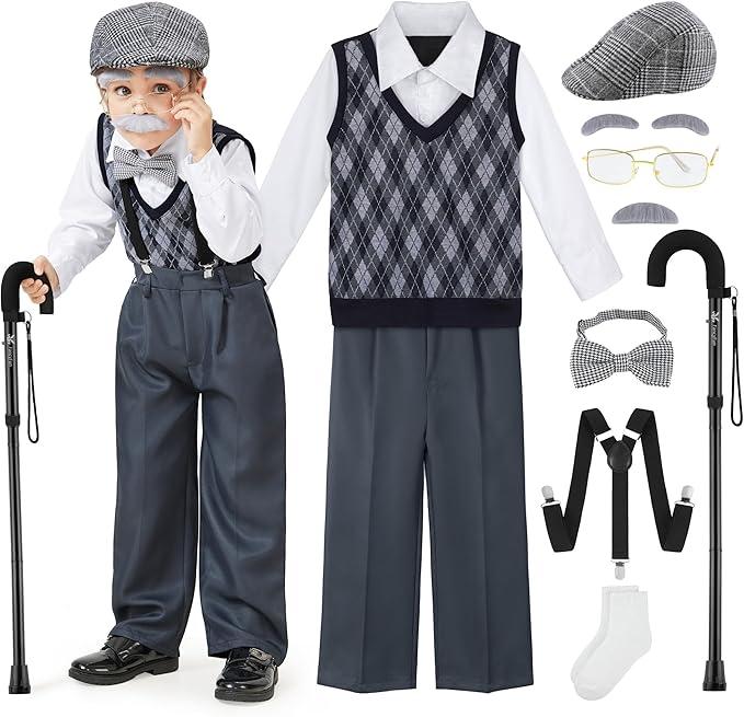 OLD MAN Costume For Kids 100 Days of School, Halloween, Theater, Cosplay 9pc 3+