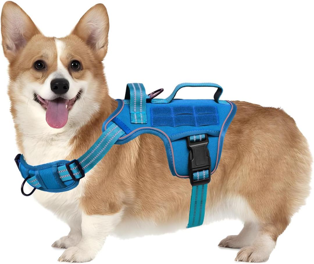 Small Dog Harness, Heavy Duty Tactical No Pull Dog Harness, No Choke, Easy On and Off Pet Vest with Molle System, Adjustable Reflective Dog Vest with Breathable Padded for Walking Hiking Training (S(Neck:16-22",Chest:20-28"),18-35 lbs, Blue)