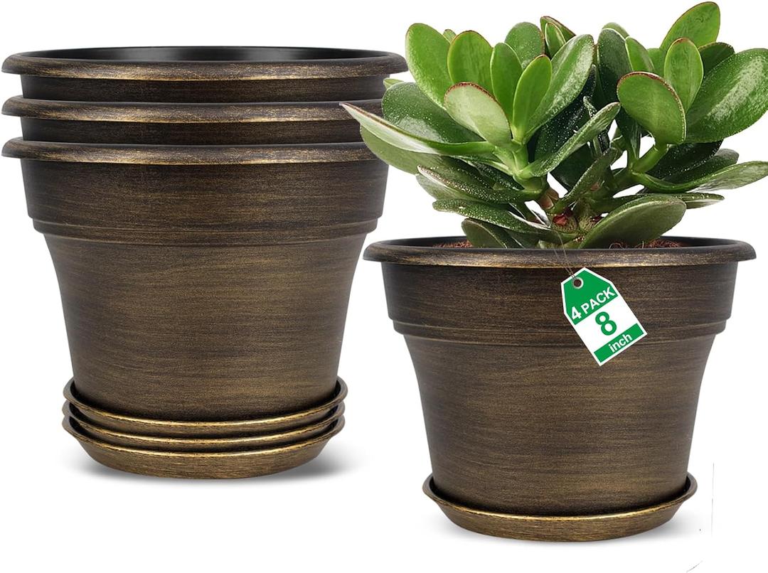 Plant Planters Pots Set of 4 Pack 8 Inch, Plastic Flower Pot For Indoor Plants With Drainage Holes & Trays, Resin Decorative Container Sets With Saucer For House Outdoor Garden Planters Dark Gold