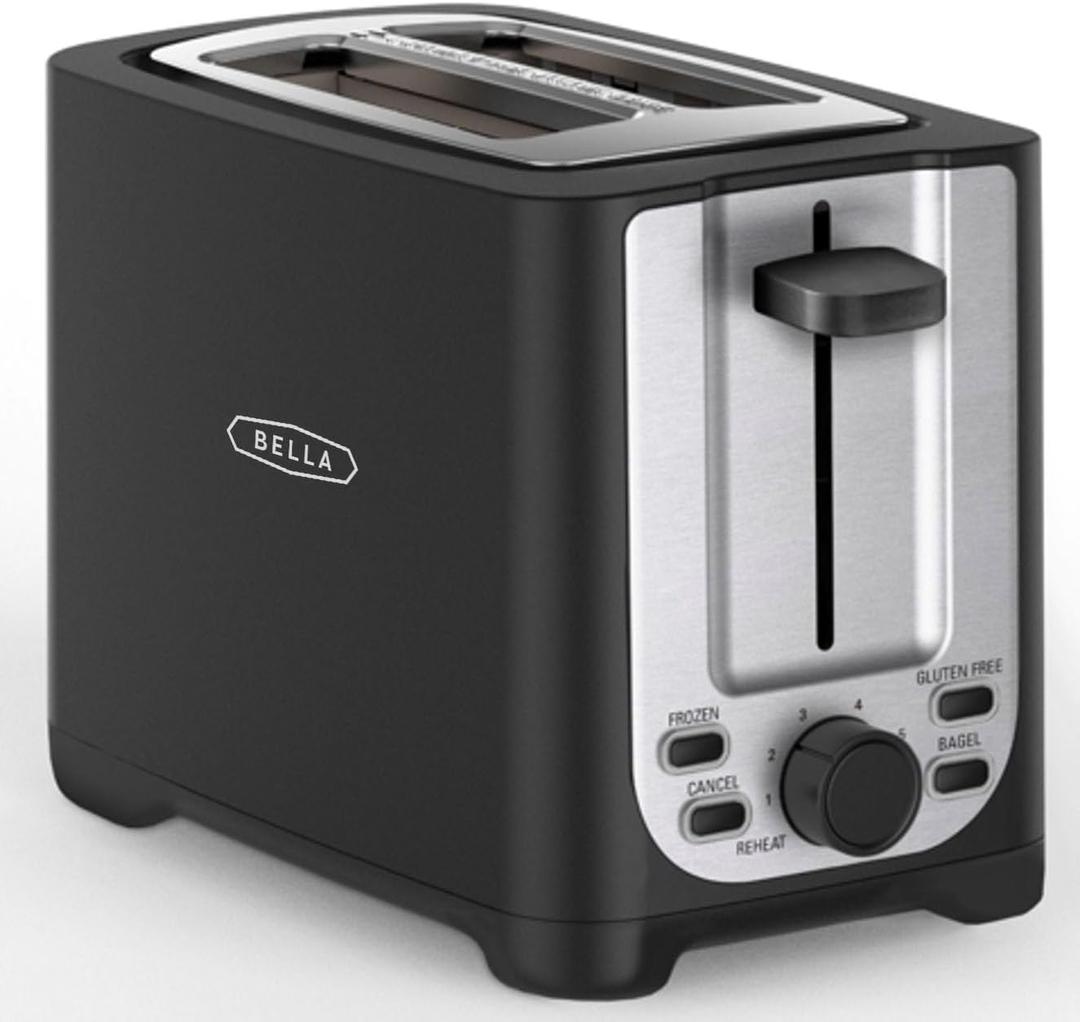 BELLA 2 Slice Toaster with Auto Shut Off - Extra Wide Slots & Removable Crumb Tray and Cancel, Defrost & Reheat Function - Toast Bread, Bagel & Waffle, Black