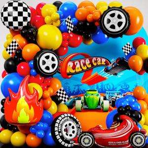 ALL-IN-1 Race Car Balloon Arch Kit with BONUS Flame & Race Car for Hot Wheels Birthday Decorations - Monster Truck Balloons for Hot Wheels Party Decorations - Hot Wheels Balloons, Monster Truck Party (Red, Blue, Yellow, Orange)