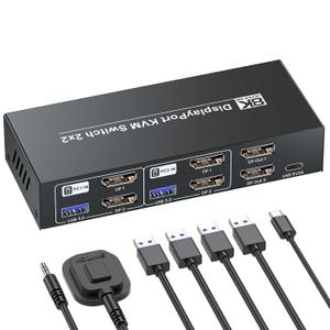 8K@60Hz 4K@120Hz Displayport KVM Switch 2 Monitors 2 Computers, USB 3.0 Dual Monitor DP KVM Switch for 2 PCs Share 2 Monitors and 4 Port USB 3.0