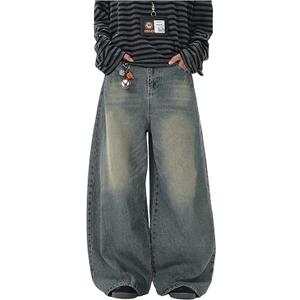 Verdusa Men's Vintage Baggy Jeans Wide Leg Denim Pants with Pockets Dark Blue Small