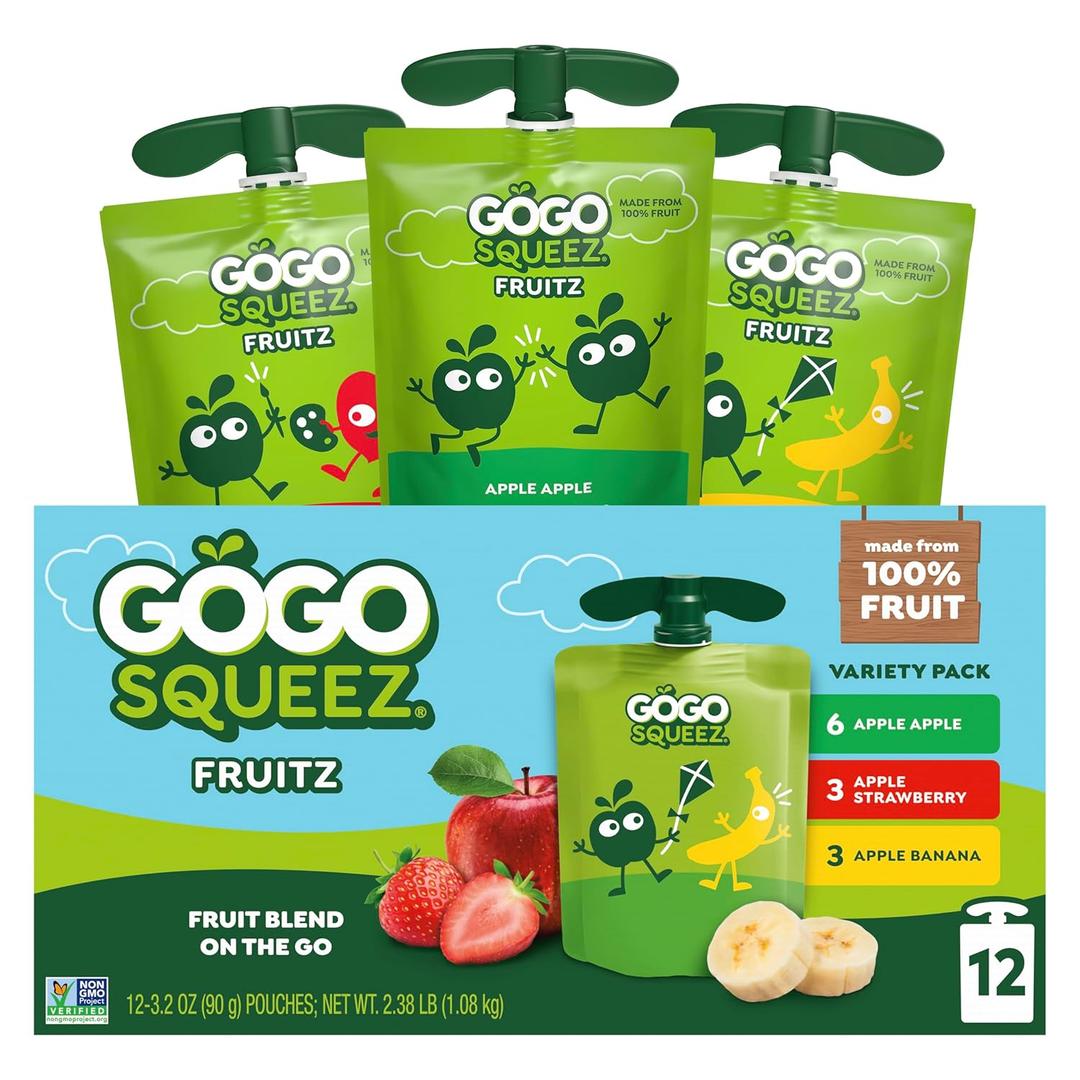 GoGo squeeZ Applesauce and Fruit Puree Variety Pack, Apple, Banana & Strawberry, 3.2 oz (Pack of 12), Unsweetened Fruit Snacks for Kids, Gluten Free, Nut Free and Dairy Free, BPA Free Pouches BB 8/4/25
