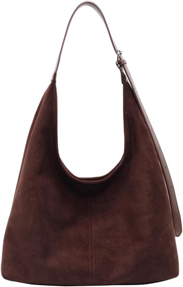 Suede Slouchy Hobo Bag for Women Chocolate Tote Handbag Large Retro Suede Shoulder Purse for Travel Shopping Work