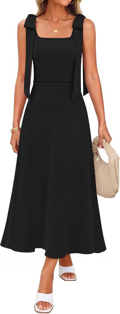 ZESICA Womens Summer Casual Sweater Midi Dress 2026 Sleeveless Square Neck Bow Straps Knit A Line Vacation Long Dresses S