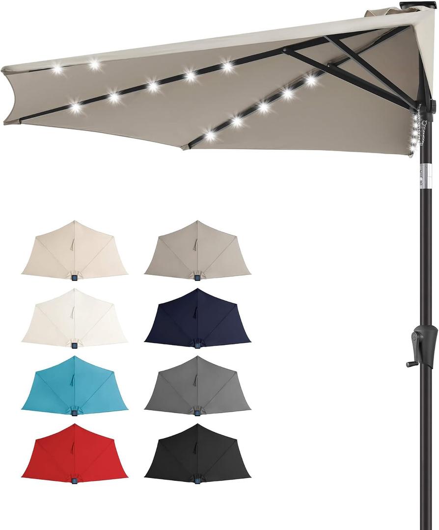 FLAME&SHADE 9 FT Solar Half Patio Umbrella with 25 LED Lights, Half Outdoor Umbrella with Button Tilt, Half Round Table Umbrella For Deck, Backyard, Balconies, Decks, Rvs, UV Protection (Taupe)