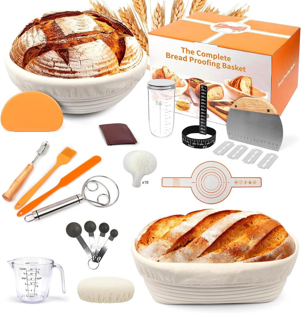 Sourdough Starter Kit for Beginners, Banneton Bread Proofing Basket Set, Sourdough Baking Kit for Bread Rising, Bread Making Supplies & Tools, Banneton Basket Gift Set (Round & Oval)