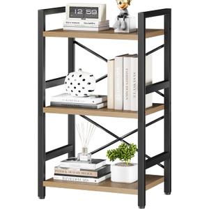 Homeiju Bookshelf, 3 Tier Industrial Bookcase, Metal Small Bookcase, Rustic Etagere Book Shelf Storage Organizer for Living Room, Bedroom, and Home Office(Light Coffee) Patent Pending D29873033