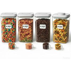 Melovom 4 Pcs Large Pop Airtight Food Storage Containers Set with Lids, 4.2Qt/4L Food Containers with Scoop, Kitchen Pantry Organization and Storage, BPA Free Stackable Cereal Container (4 * 4.2Qt)