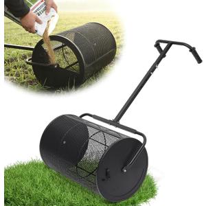 Compost Spreader 24in Peat Moss Spreader - U Shaped Comfortable Handle & Adjustable Height Powder-Coated Metal Mesh Hand Fertilizer Spreader for Garden Yard Lawn Care (Matte Black)