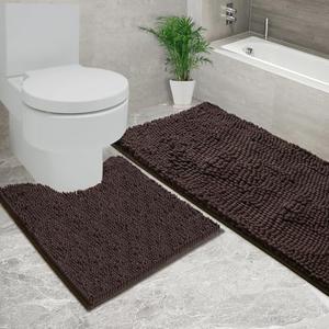 AINAHYVA Bathroom Rugs Sets 2 Piece, Super Absorbent Bath Mat, Strong PVC Non Slip Backing, Bath mats for Bathroom, Plush Shaggy, Thick, Machine Washable, Bathtub, Toilet.(59"x24"+20"x20"U, Brown)
