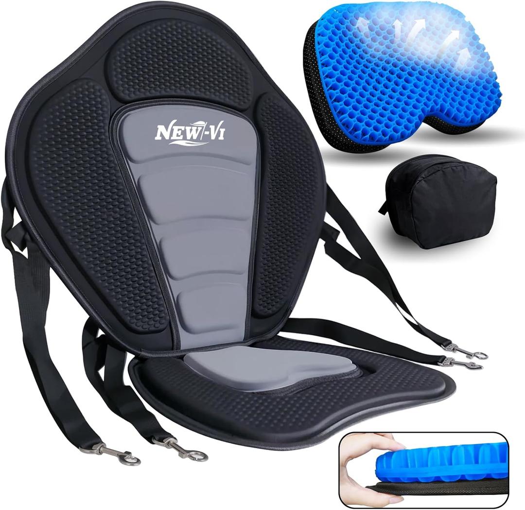 NEW-Vi Deluxe Kayak Seat with Gel Cushion & Storage Bag - Padded Ergonomic Backrest for Kayak, Canoe, SUP, Fishing Boat - Anti-Slip & Waterproof (Black-Gray Seat+Blue Cushion)