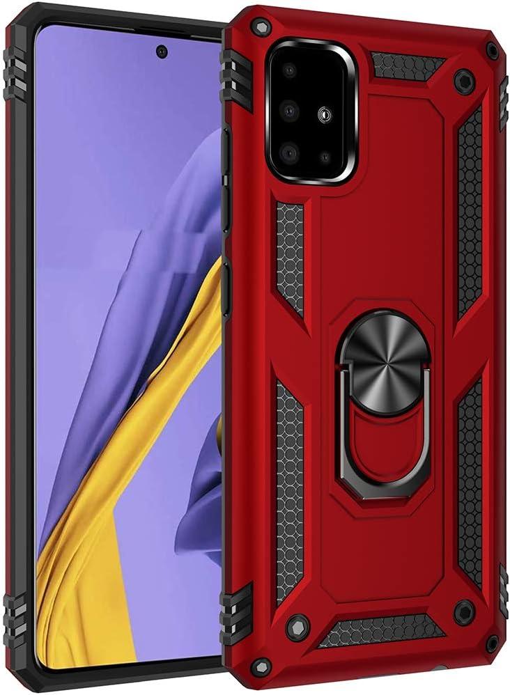 Dionsibei Military Grade Drop Impact for Samsung Galaxy A51 4G Case Metal Rotating Ring Kickstand Holder Magnetic Car Mount for Galaxy A51 4G Phone Case Red