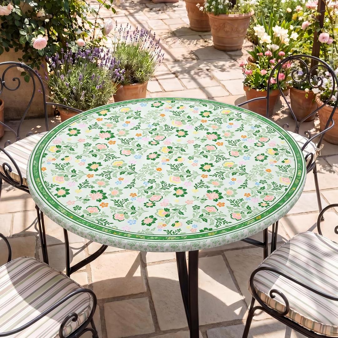 Round Fitted Tablecloth with Elastic Edge Waterproof Wipeable Table Cover for Indoor Kitchen & Dining Room Circle Table Cloth, Fits 45"-56" Round Tables,  Meadow Floral, M (45"-56" Round)