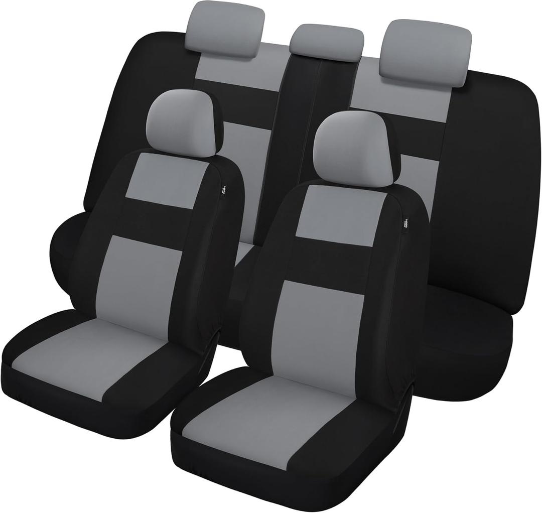 VarCozy Car Seat Covers Full Set, Breathable Cloth Front and Rear Split Bench Seat Covers for Car, Universal Cloth Seat Covers for SUV Sedan Van, Automotive Interior Covers, Airbag Compatible (Black/Gray)