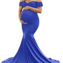 Saslax Off Shoulder Ruffle Sleeves Elegant Fitted Maxi Maternity Dress for Photoshoot Baby Shower (Medium, Blue)