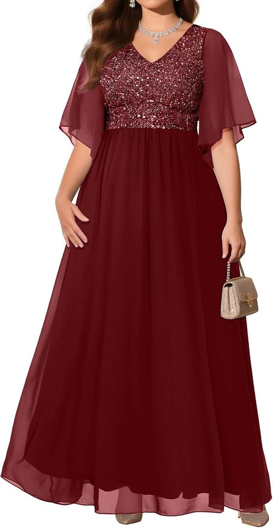 Pinup Fashion Women Plus Size Formal Dresses - Sequin Evening Gown Prom Wedding Guest Floor Length Dress (Burgundy, 14 Plus)