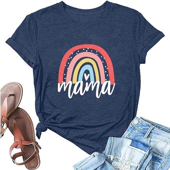 COLORFUL BLING Mom Shirt for Women Mama Letter Print Tshirt Rainbow Mother Graphic Top Short Sleeve Basic Tee, Navy 1, XL (Blue, XL)