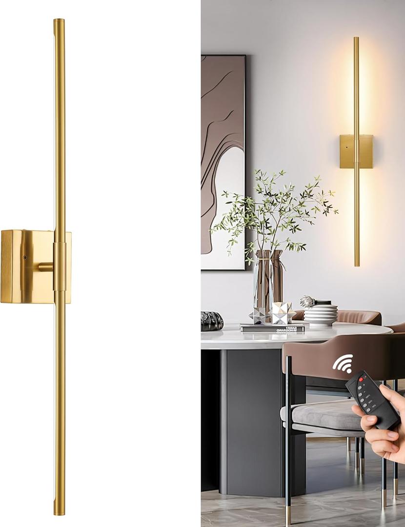 Gold Battery Operated Wall Sconce Single, Rechargeable Wall Sconce with Remote, Dimmable Sconce Wall Light, 24 Inch LED Wireless Wall Light for Background Wall, Bedroom,Living Room