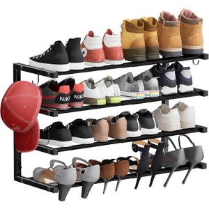Wall Mounted Shoe Rack, 4 Tier Hanging Shoe Rack Holds 16 Pairs, 17"-30" Adjustable Heavy Duty Wall Shoe Shelf with 2 Storage Hooks, Space Saving for Closet Entryway, Black