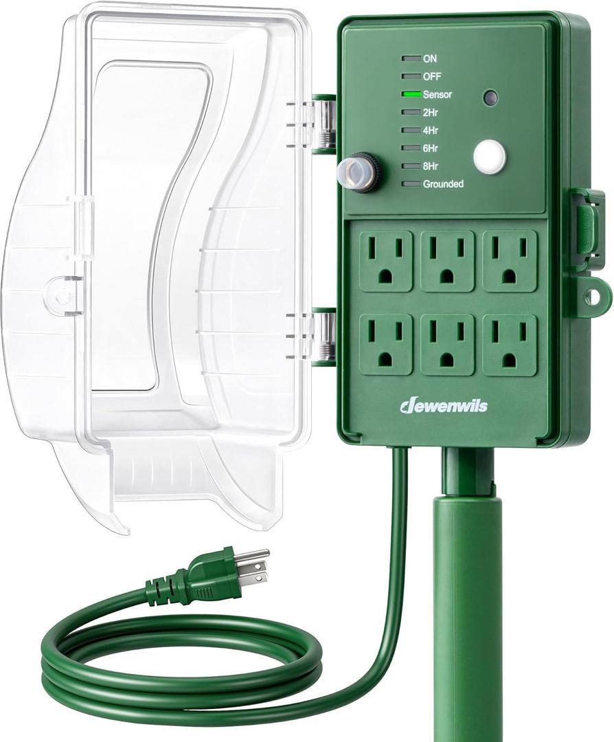 DEWENWILS Outdoor Power Stake Timer, Waterproof Dusk to Dawn Timer with 6 Grounded Outlets, 6FT Extension Cord, 1800W/15A Heavy Duty Outlet for Christmas Lights, Yard, Garden, ETL Listed
