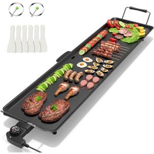 35" Electric Griddle Teppanyaki Grill, Nonstick Extra Large Cooking Plate for Pancake Barbecue, Indoor Outdoor Table Top Grill with Adjustable Temperature & Drip Tray, 2000W